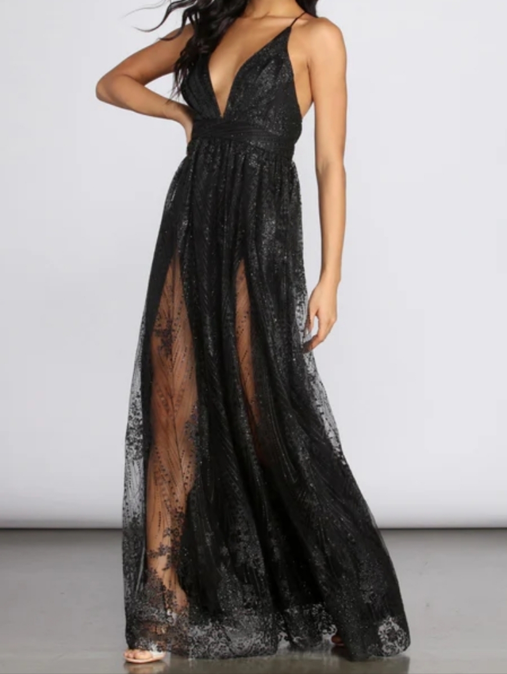 Windsor Mona Plunging Glitter Black Evening Dress
